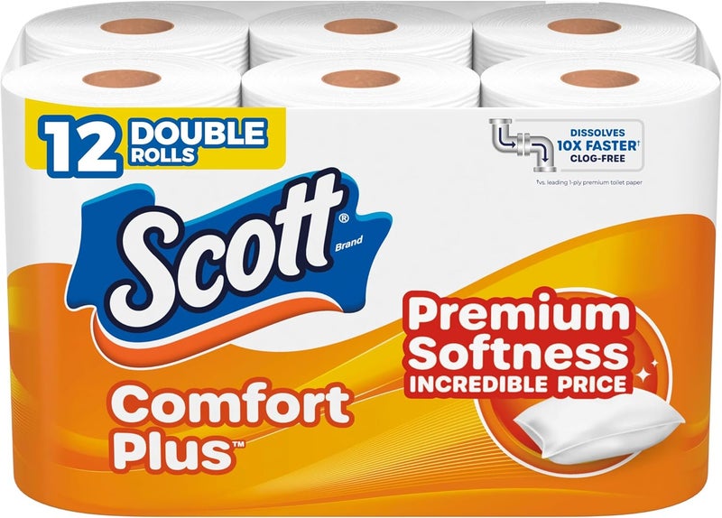 Scott ComfortPlus Toilet Paper, 12 Double Rolls, 231 Sheets per Roll, Septic-Safe, 1-Ply Toilet Tissue - Image 1